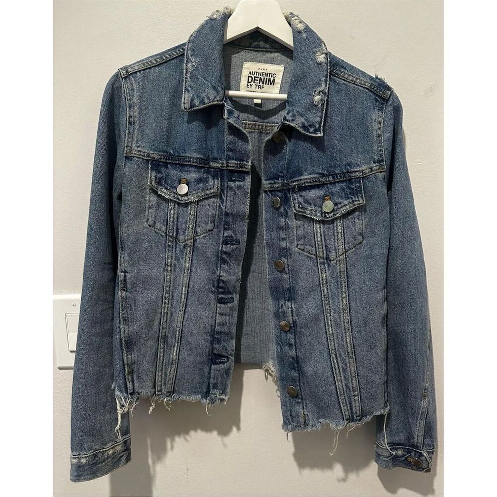 ZARA TRF Women's S Blue Cropped Raw Hem Distressed Denim Jacket